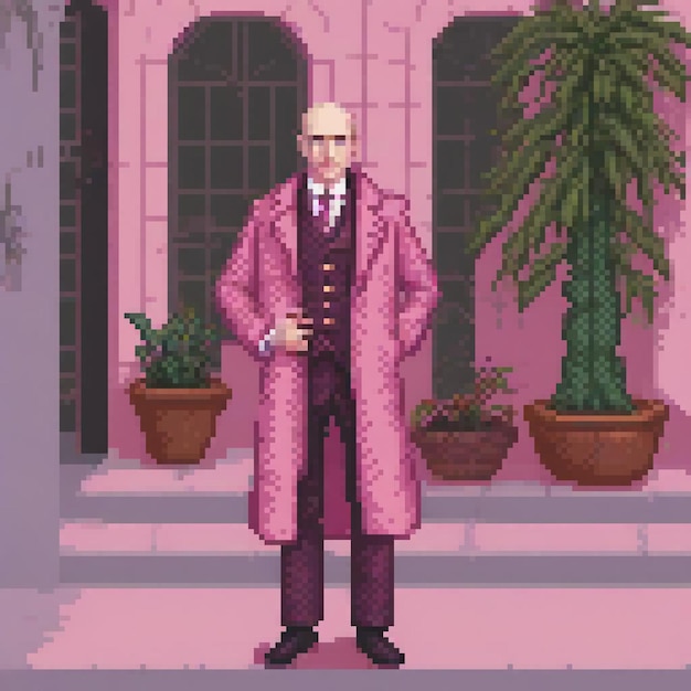 Pixel art of a man in a pink coat standing in front of a building