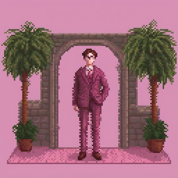 Pixel art of a man in a purple suit at a gate entrance