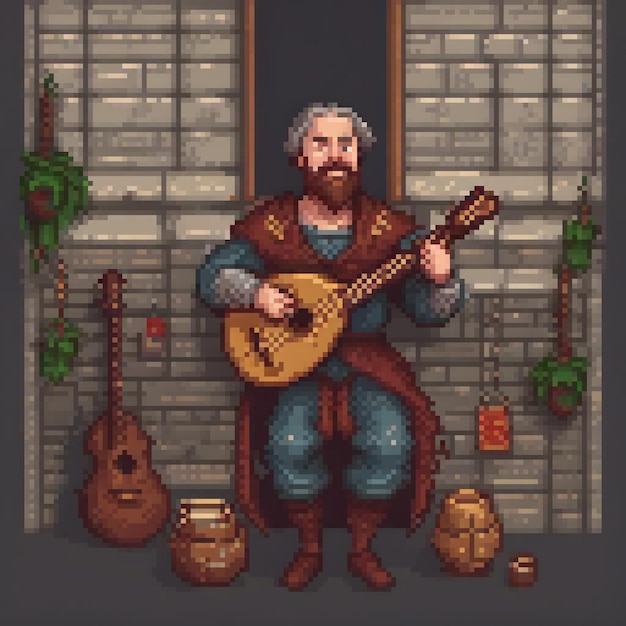 Pixel art of a man serenading with a mandolin