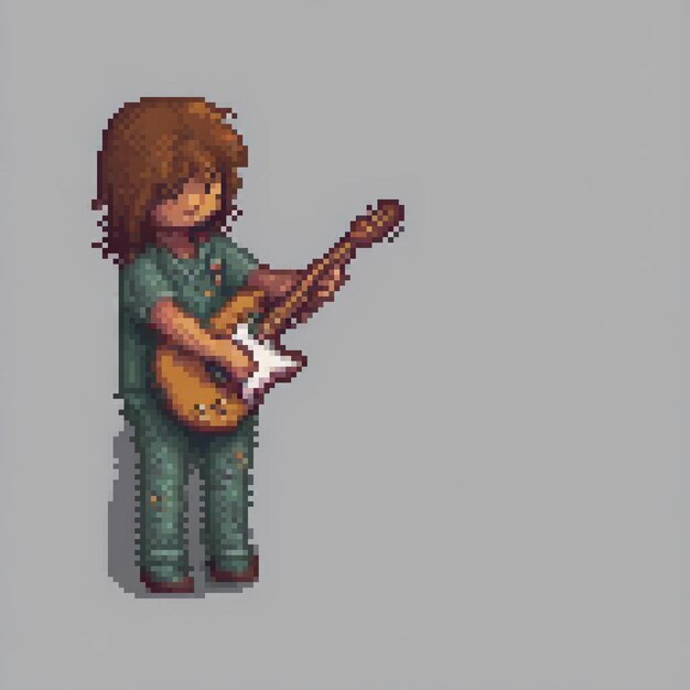 Pixel art of a man strumming a guitar showcasing retro style and musical passion