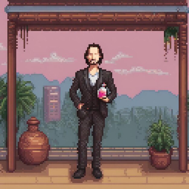 Pixel art of a man in a suit at a city building