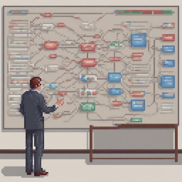 Photo pixel art of a man with a mind map on a whiteboard