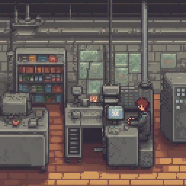 Pixel art of a man working at a desk with a computer