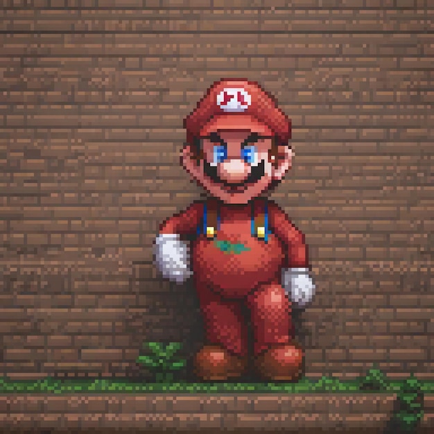 Photo pixel art of mario facing a brick wall classic nes style