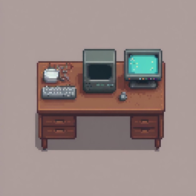 Pixel art of a modern computer desk setup with dual monitors and a sleek keyboard