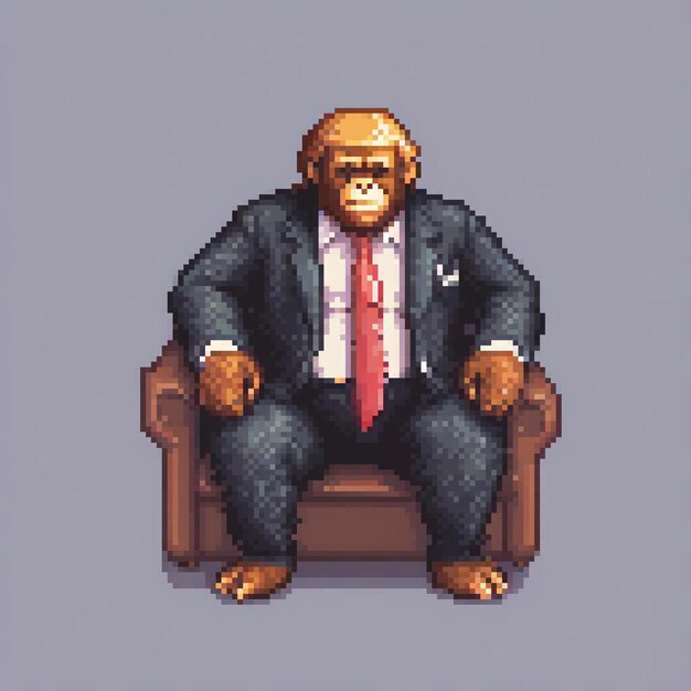 Pixel art of a monkey in a suit seated on a chair playful and stylish