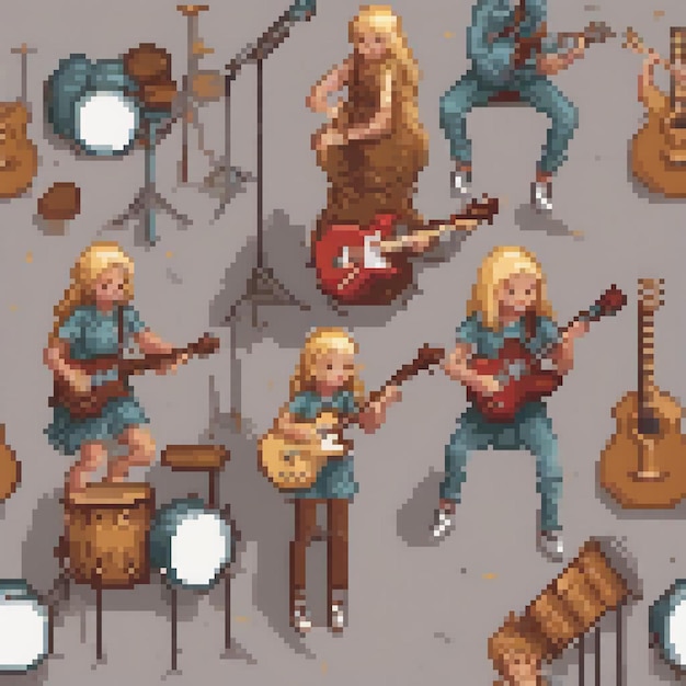 Pixel art of musicians jamming with guitars and drums