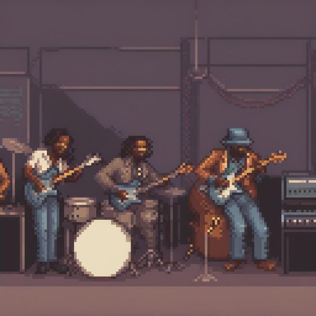 Pixel art of musicians in a studio