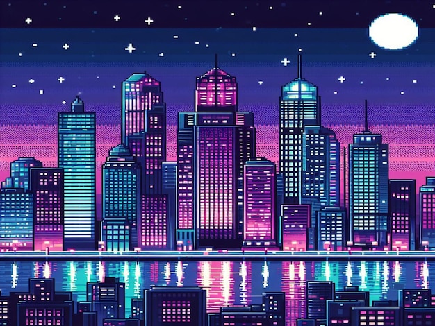 Pixel art neon night city with buildings panorama background