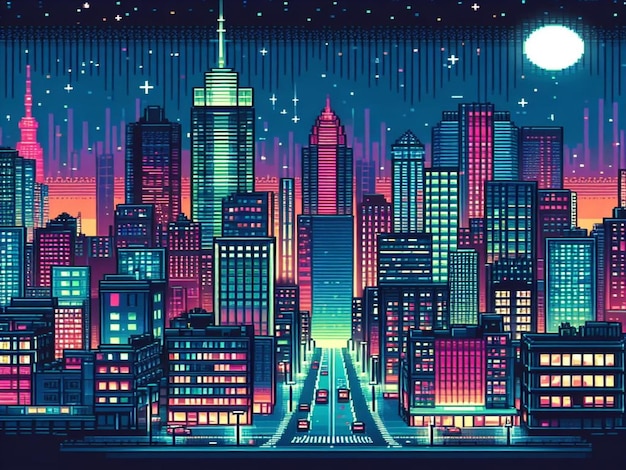 Pixel art neon night city with buildings panorama background