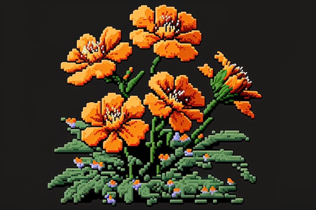 Pixel art orange flowers flower in retro style for 8 bit game Generative AI