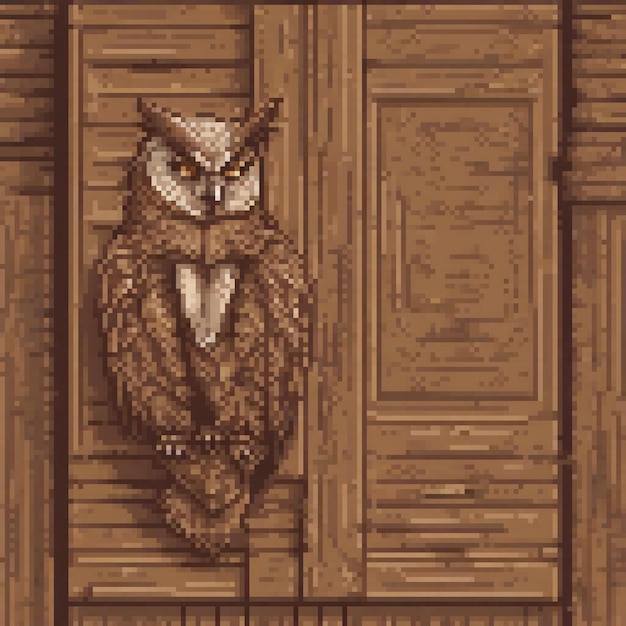 Photo pixel art owl perched on a rustic wooden door