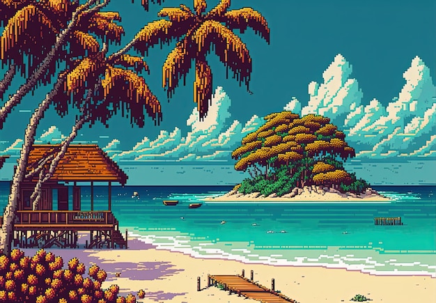 Pixel art paradise island resort beach bungalow landscape in retro style for 8 bit game AI