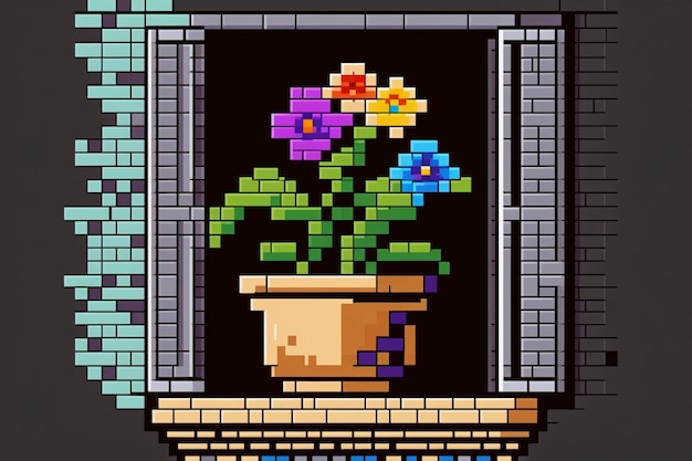 A pixel art picture of flowers on a window sill.