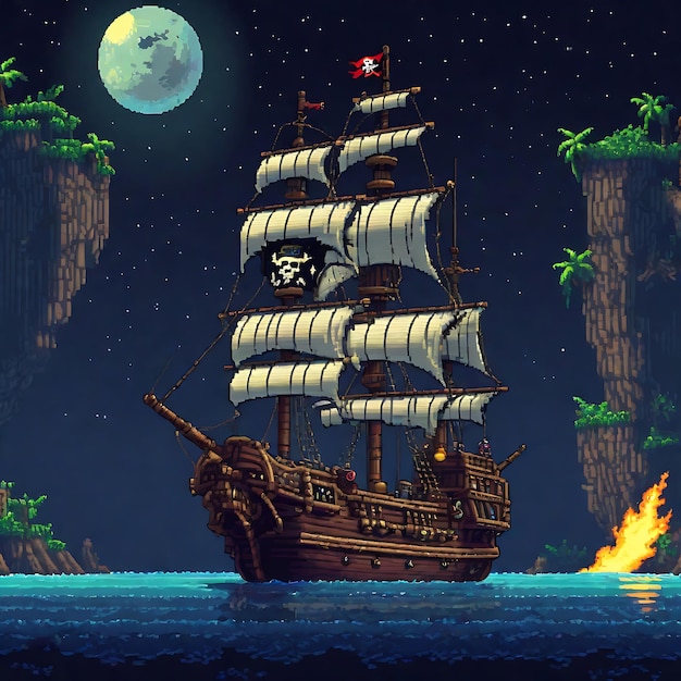 Photo pixel art pirate ship sailing on a blue ocean a game screenshot