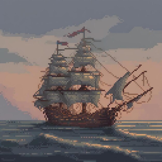 Photo pixel art of a pirate ship sailing at sunset