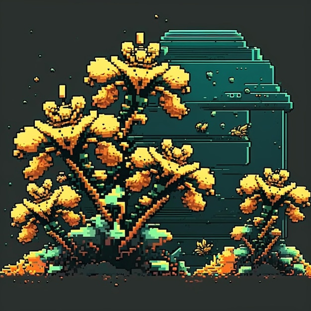 Pixel art of a plant with yellow flowers in front of a blue fire hydrant generative ai