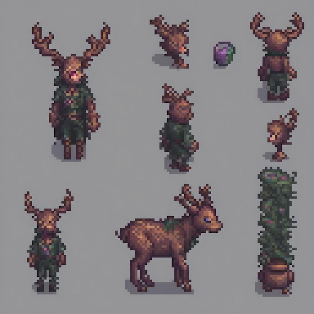 Photo pixel art of playful reindeer in various poses