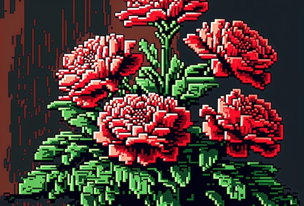 Pixel art red flowers flower in retro style for 8 bit game Generative AI