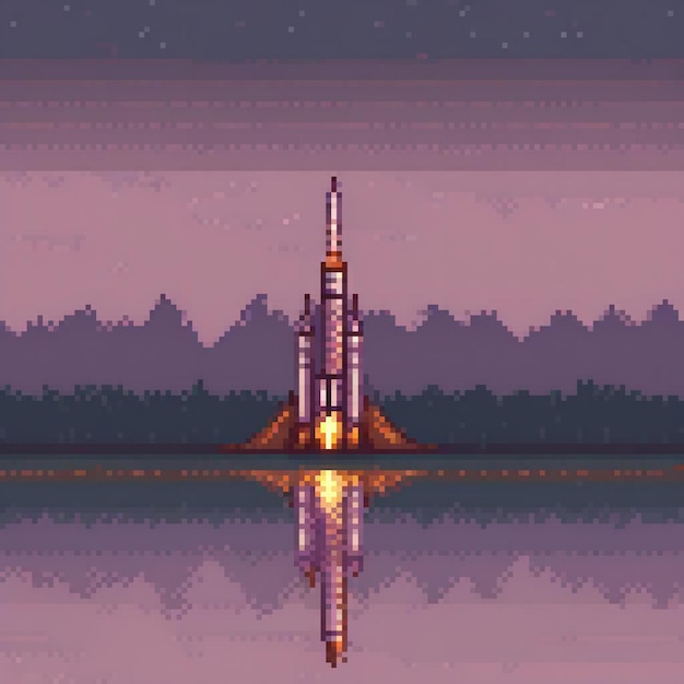 Photo pixel art rocket launch vintage spacecraft ascending from a launch pad