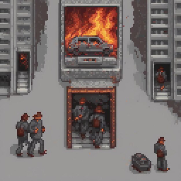 Pixel art screenshot of a video game featuring a vintage car