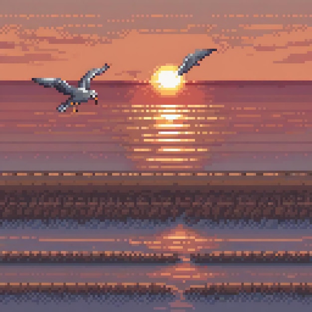 Photo pixel art seagulls soaring at sunset over the ocean