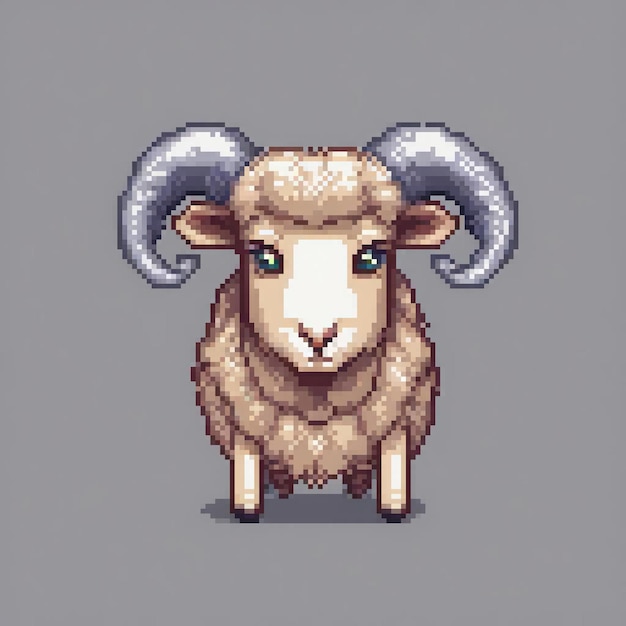 Pixel art sheep with prominent horns against a muted backdrop