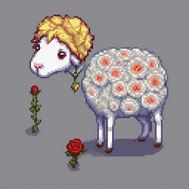 Pixel art sheep with a vibrant flower perfect for retrostyle collections