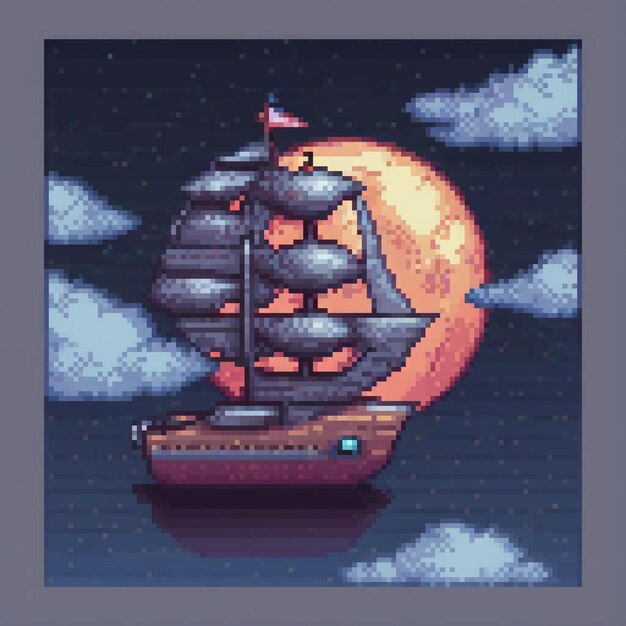 Photo pixel art of a ship sailing under a full moon at sea