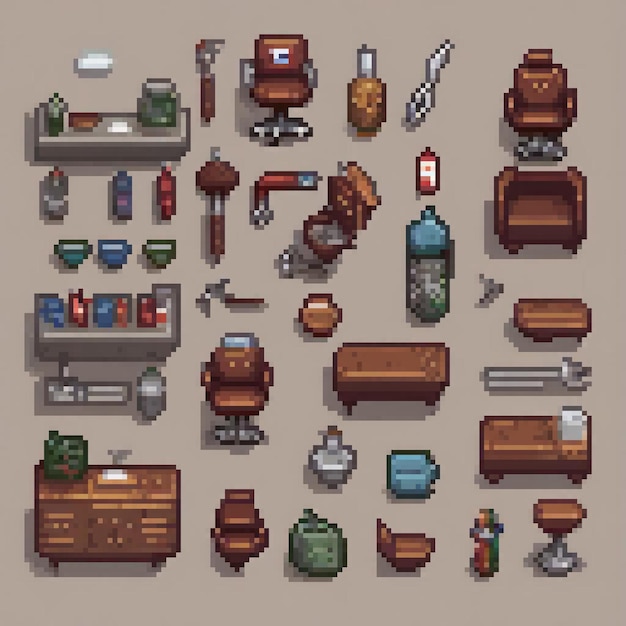 Pixel art showcasing diverse furniture on a table