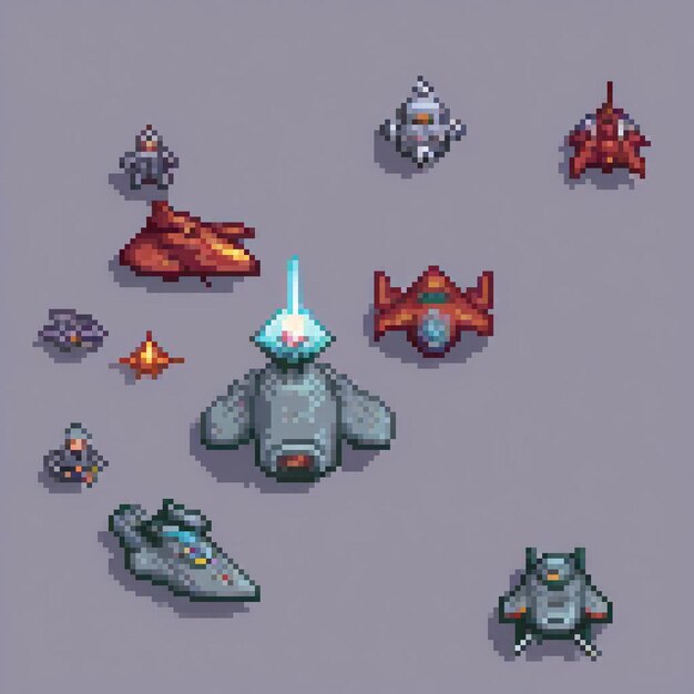 Pixel art showcasing diverse spaceships on a gray backdrop