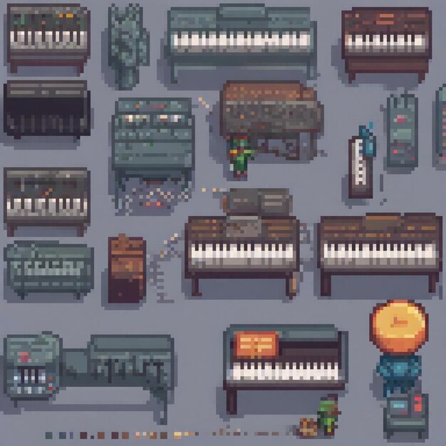 Pixel art showcasing diverse synthesizers in vibrant detail