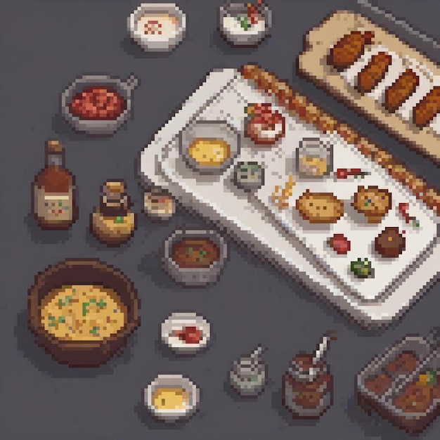 Photo pixel art showcasing a diverse table of delicious foods