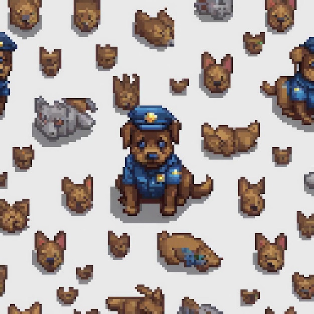 Pixel art showcasing police dogs in uniforms on a crisp white backdrop