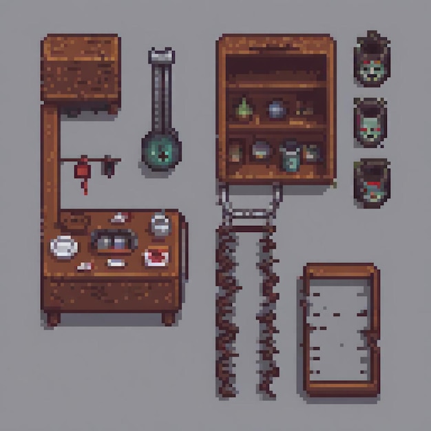 Pixel art showcasing various items on a table perfect for retrothemed decor or collectibles