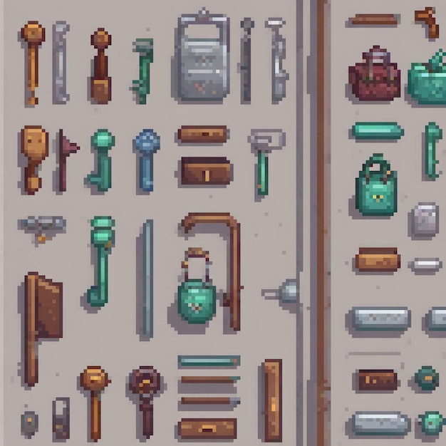 Pixel art showcasing various keys on a gray backdrop