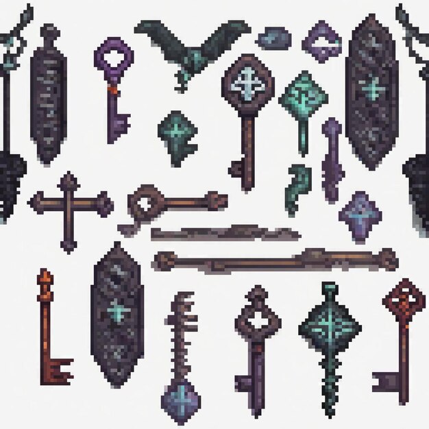 Pixel art showcasing various keys on a pristine white backdrop