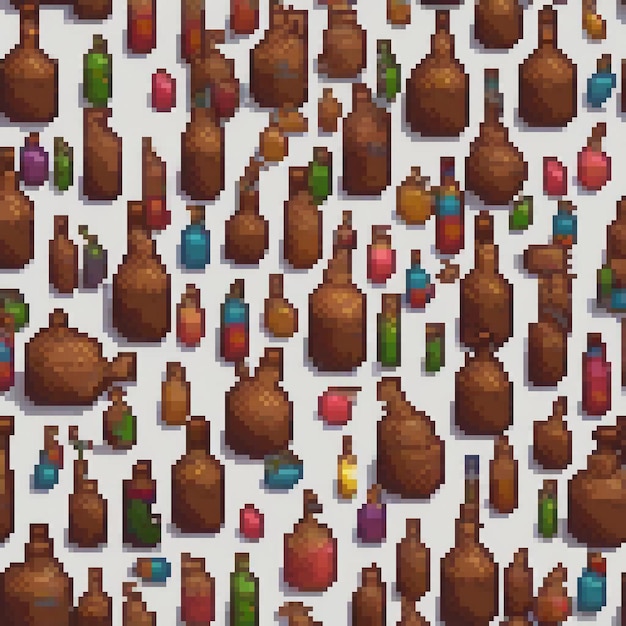 Pixel art showcasing a vibrant collection of bottles against a pristine white backdrop