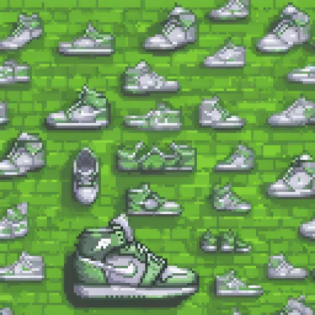 Photo pixel art showcasing vibrant shoes on a lush green backdrop