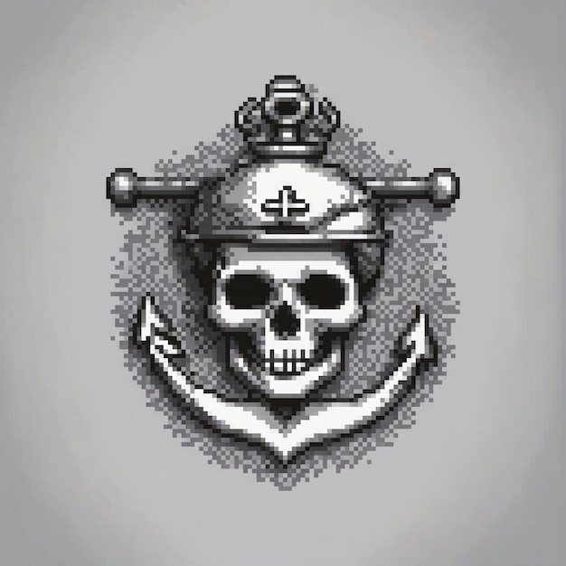 Photo pixel art skull with anchor and helmet perfect for retro gaming and anime enthusiasts