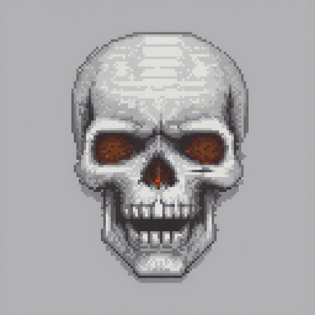 Pixel art skull with vibrant orange eyes against a muted gray backdrop