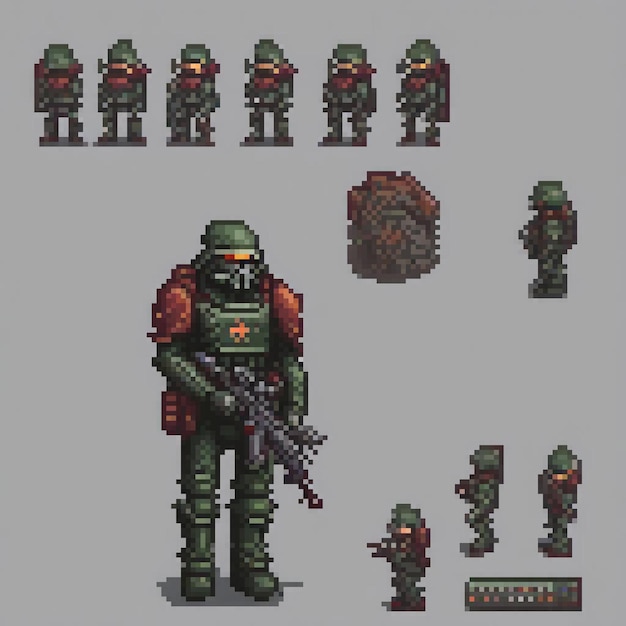 Pixel art soldier with a gun Classic military aesthetic