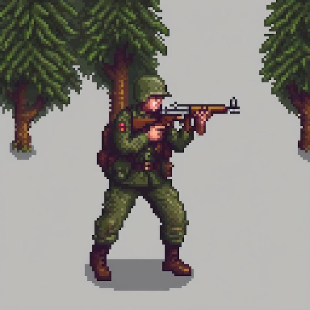 Photo pixel art soldier with machine gun in dense forest