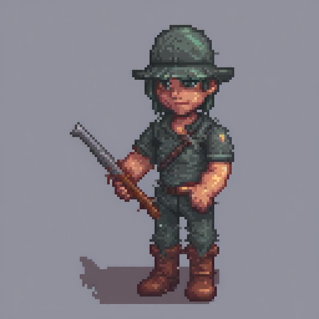 Pixel art soldier with rifle vintage military aesthetic