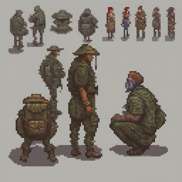 Pixel art soldiers in dynamic poses