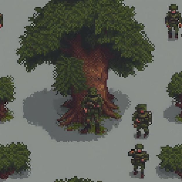 Pixel art soldiers in front of a tree