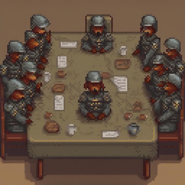 Photo pixel art soldiers gathering around a table