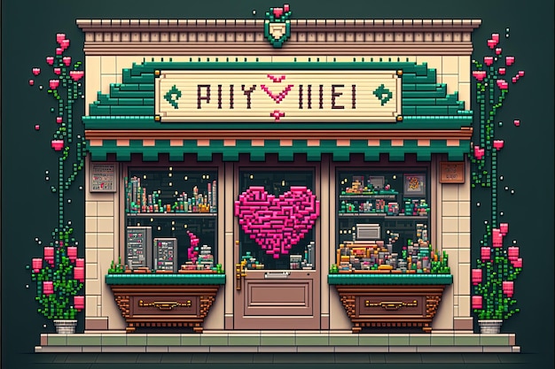 Pixel art store front facade with valentine's decor background in retro style for 8 bit game AI