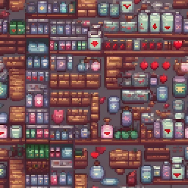 Pixel art store screenshot with abundant items