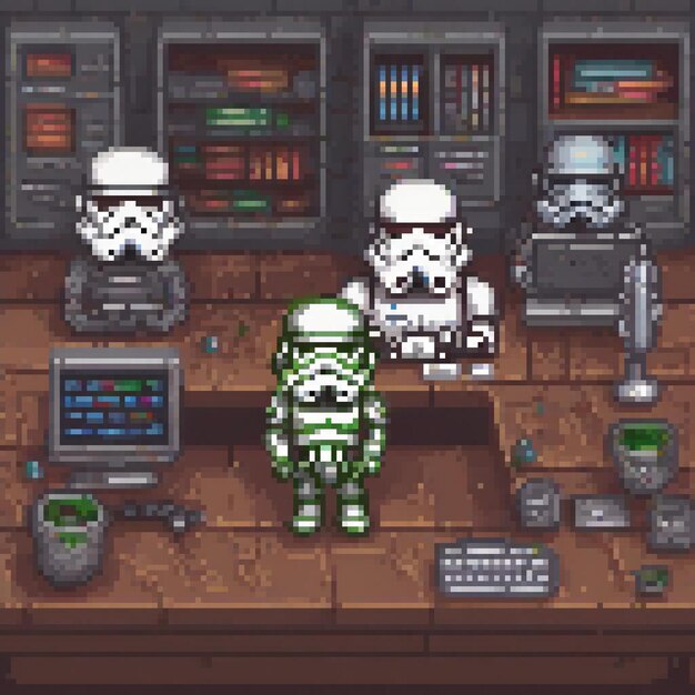 Pixel art of stormtroopers at a desk computer screen in view